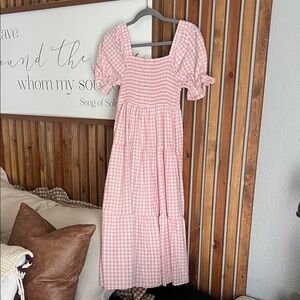 Pink Gingham Smocked Midi Dress